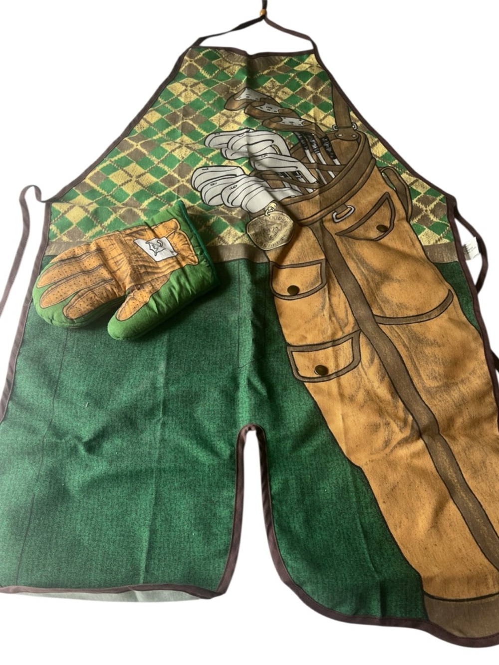 Vintage Green and Brown Golf-Print BBQ Apron with Glove Motif.  New without Tags